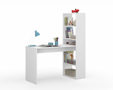 Versatile Matt White Computer Desk with Integrated Bookcase for Organised Workspace - UK Luxury Furniture